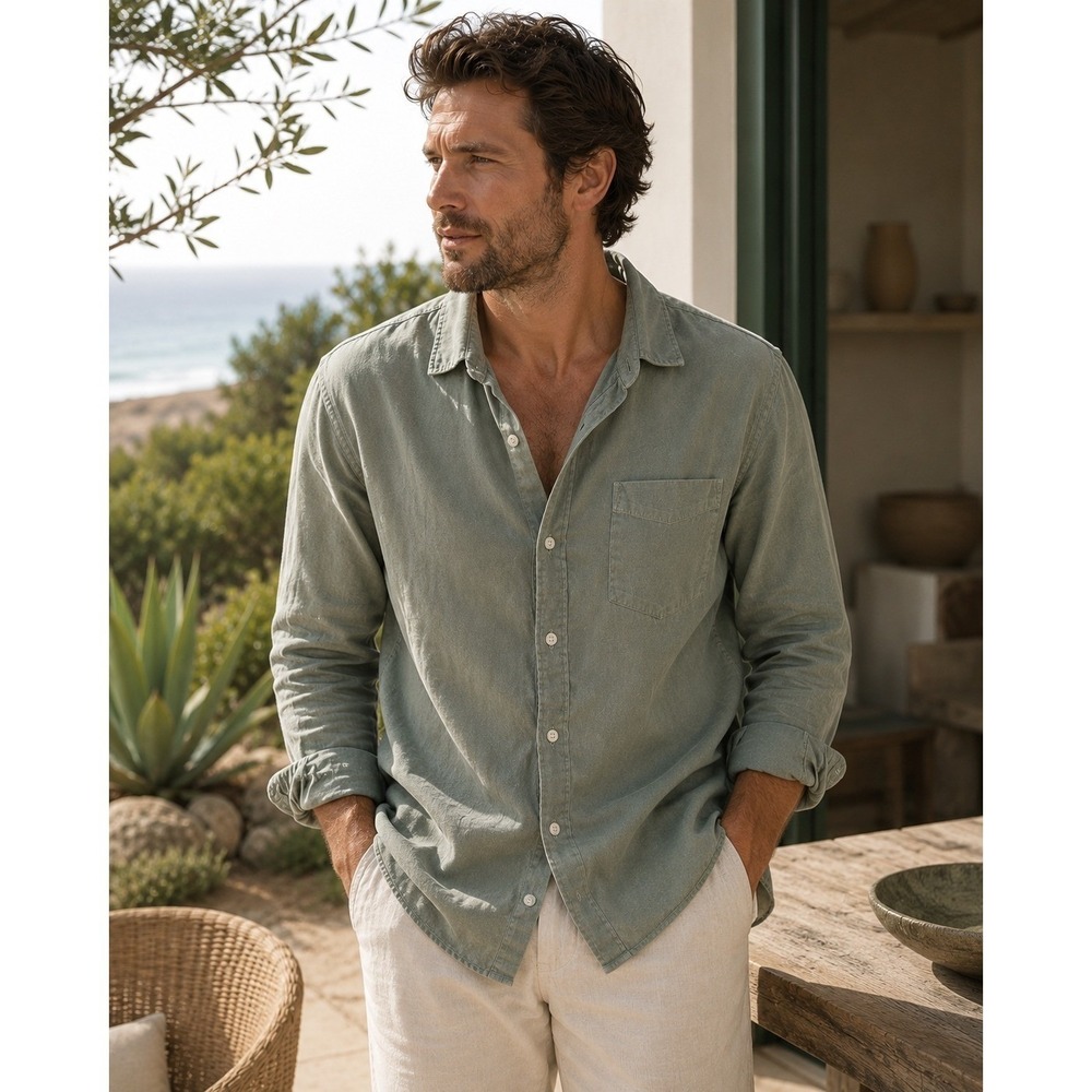 Alex Crane Button Down Shirt Mens L Sage Green Organic Cotton Twill Long Sleeve